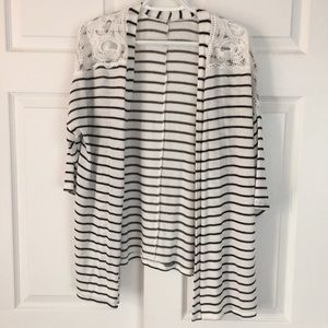 Black & White Striped 3/4 Sleeve Cardigan w/ Lace